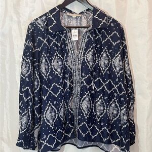 LOFT Navy Blue Paisley Peasant Blouse XL